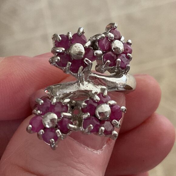 Sterling Silver 925 RUBY FLORAL RING SIZE US 7.5 - Picture 7 of 8
